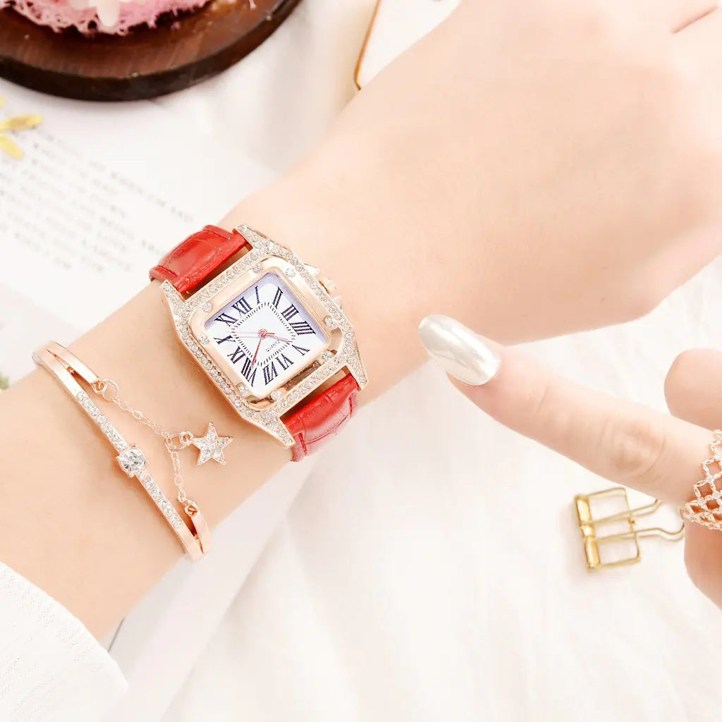 Square Diamond Quartz Watch for Women with Roman Numerals