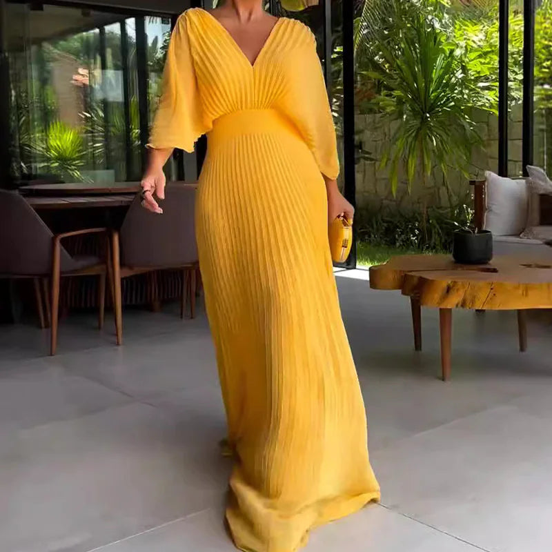 Women's V-Neck Bat Sleeve High Waist Dress