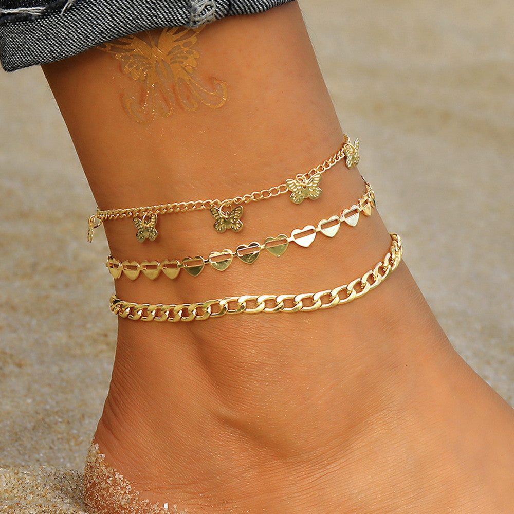 Multilayer Butterfly Heart Anklet Set - New Design