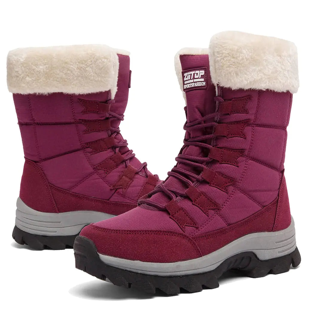 Womens Snow Boots Winter Fur Lined Waterproof Walking Boots Lightweight Outdoor Ankle Boots Ladies Warm Shoes Anti-Slip Mid Calf Boots Red 9.5