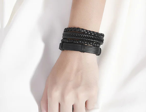 Black PU Bracelet with Wooden Beads - Fashion Jewelry