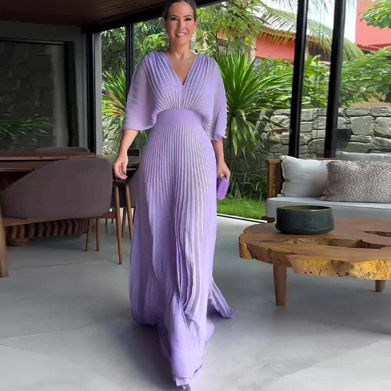Women's V-Neck Bat Sleeve High Waist Dress