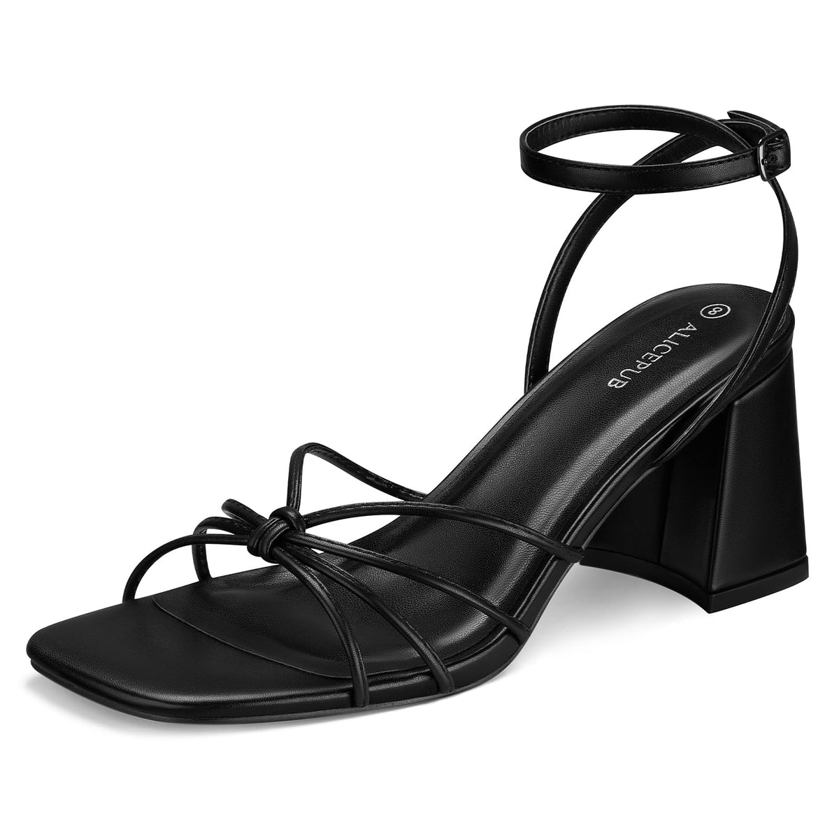 ALICEPUB Black Heels Stappy Heels Block Chunky Heels for Women Square Open Toe Heeled Sandals Comfortable Short Heels Party Causal Dress Shoes Size 6.5