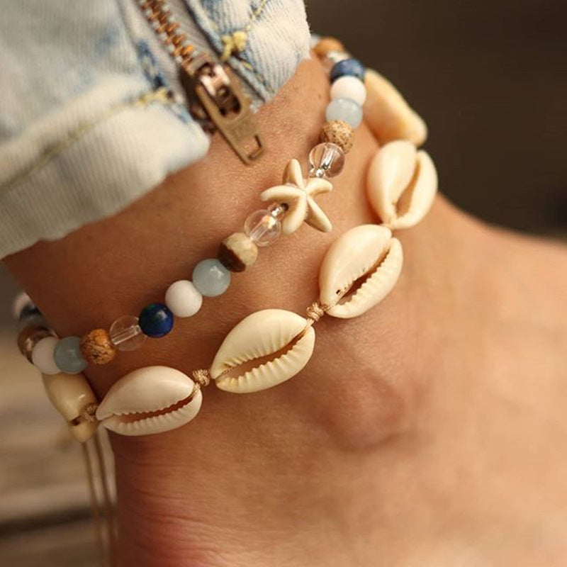 Vintage Woven Starfish Shell Anklet with Turquoise Set