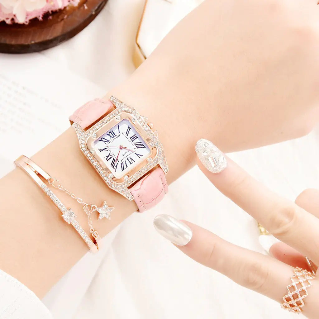 Square Diamond Quartz Watch for Women with Roman Numerals