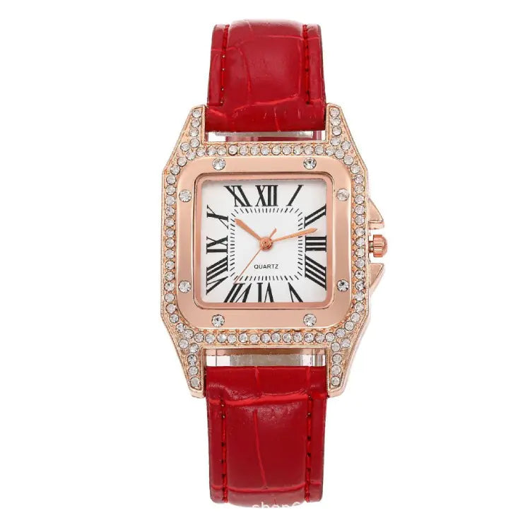 Square Diamond Quartz Watch for Women with Roman Numerals
