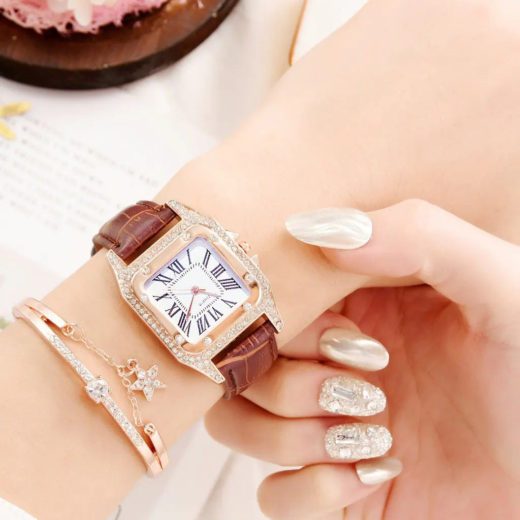 Square Diamond Quartz Watch for Women with Roman Numerals