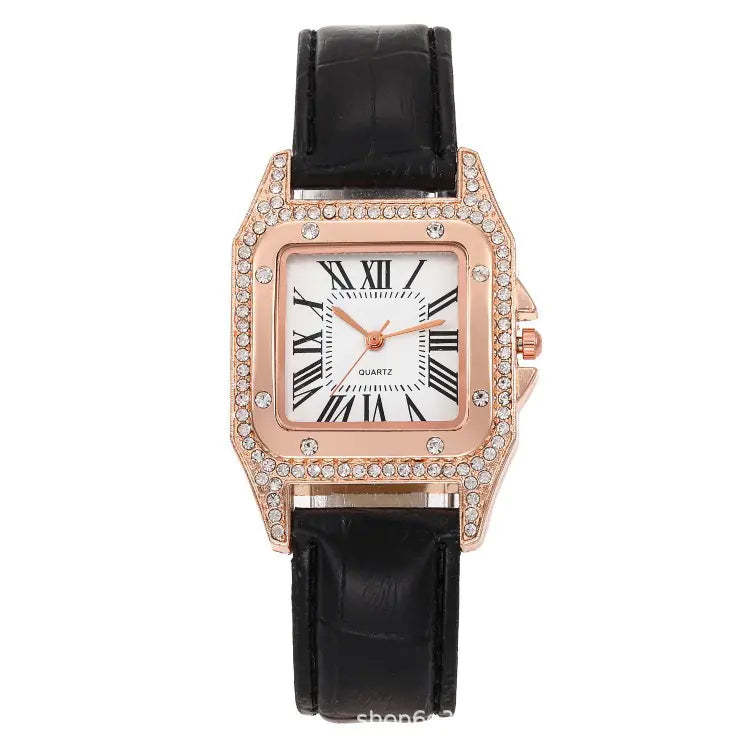 Square Diamond Quartz Watch for Women with Roman Numerals
