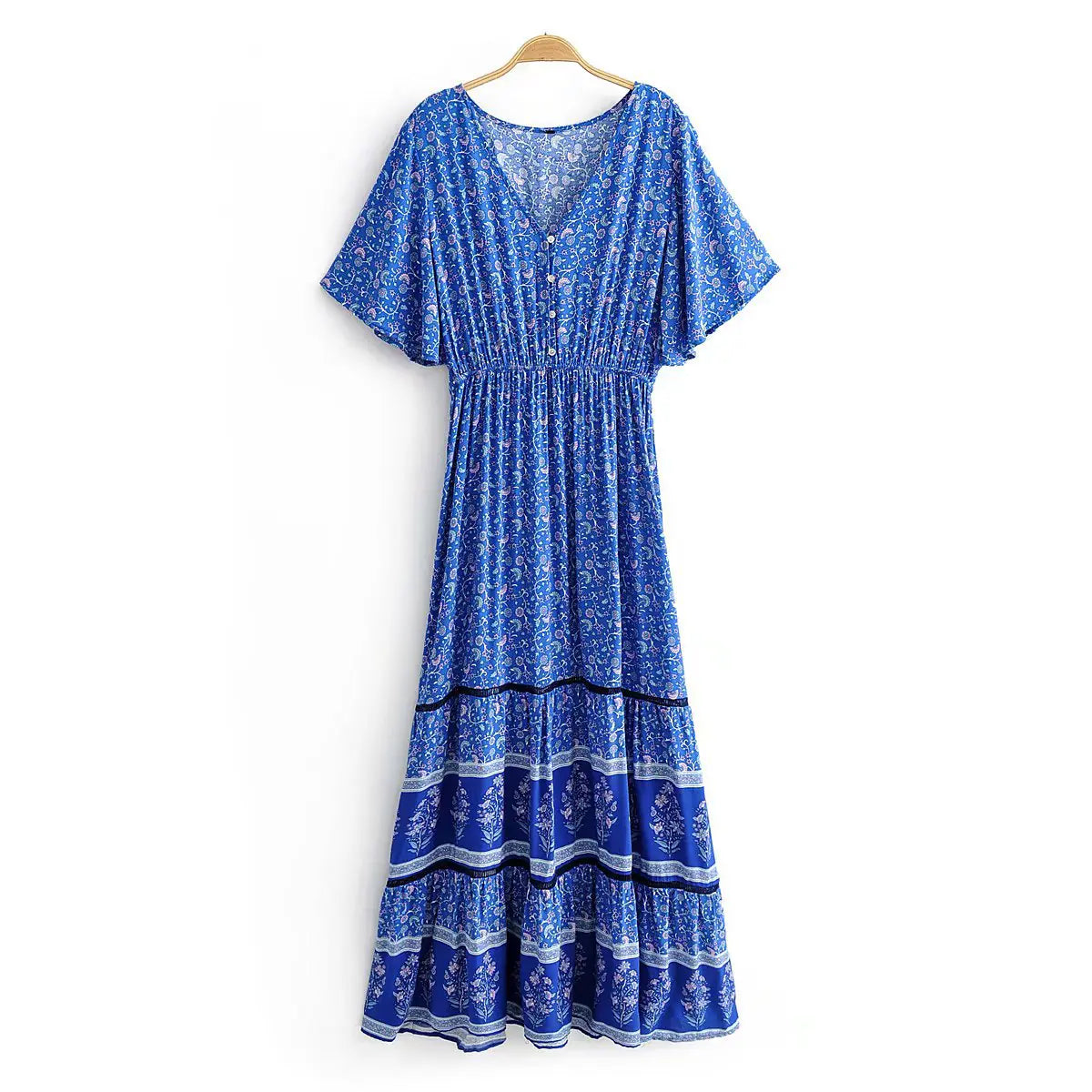 Vintage Chic Women's Blue Floral Bat Sleeve Dress