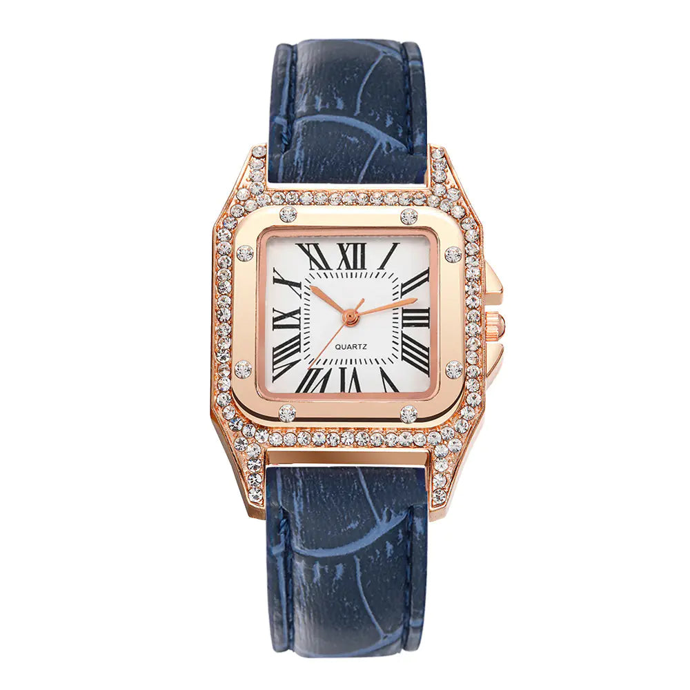 Square Diamond Quartz Watch for Women with Roman Numerals