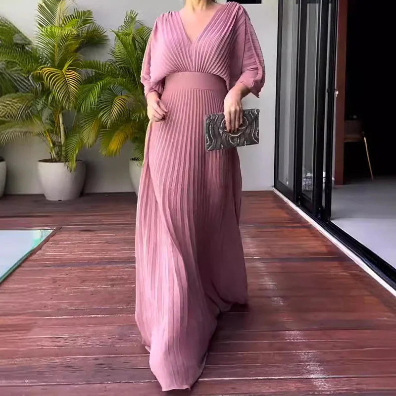 Women's V-Neck Bat Sleeve High Waist Dress