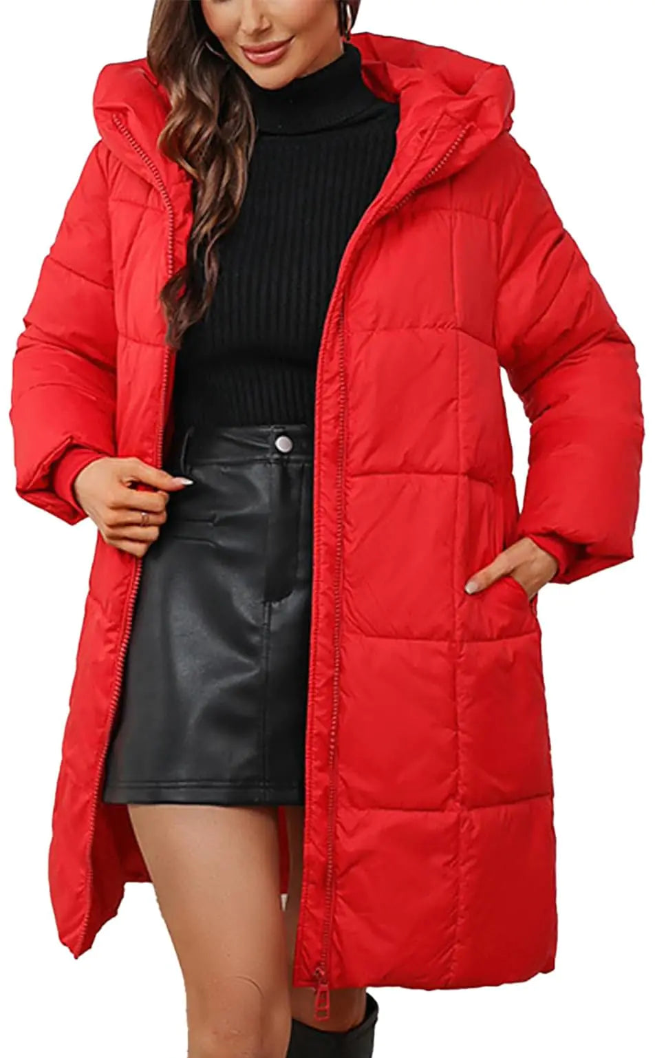 ceauros Womens Hooded Long Puffer Coat Winter Warm Full Zip Lightweight Quilted Jacket with Pockets(RedM)