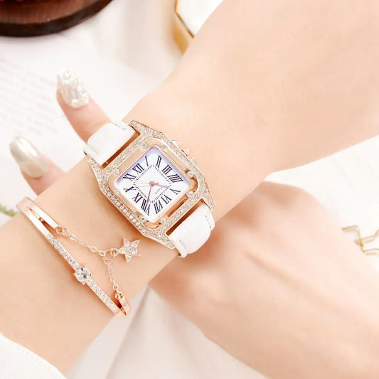 Square Diamond Quartz Watch for Women with Roman Numerals