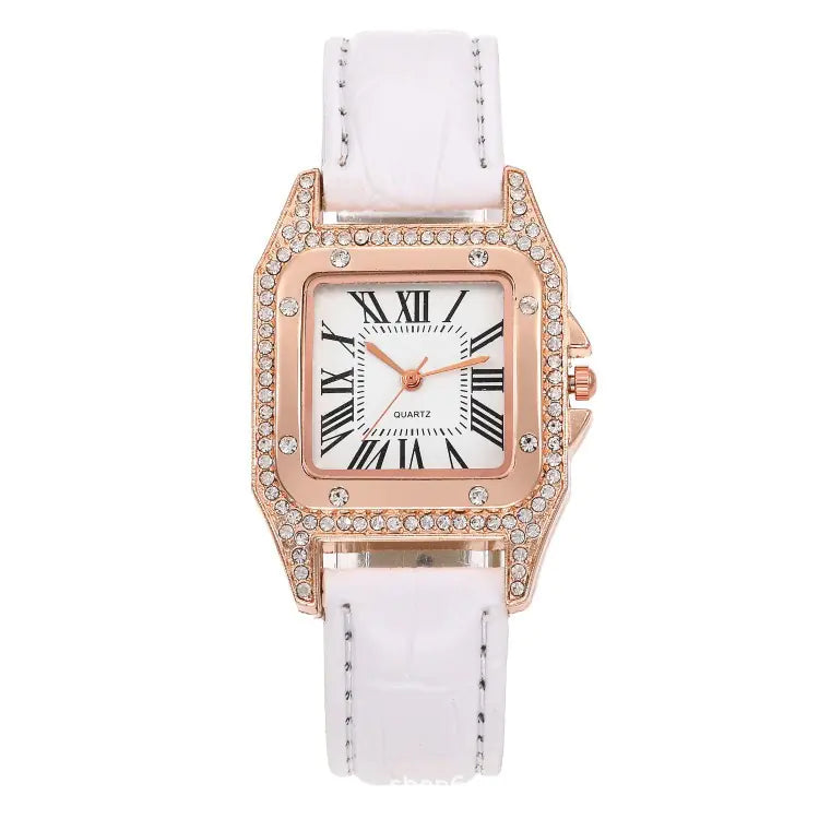 Square Diamond Quartz Watch for Women with Roman Numerals