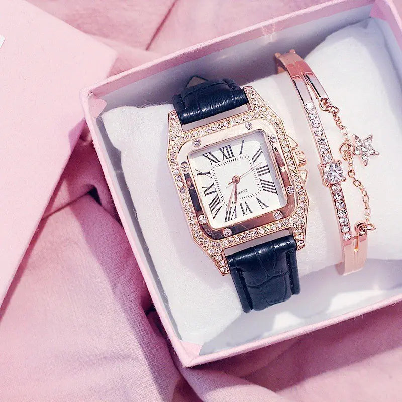 Square Diamond Quartz Watch for Women with Roman Numerals