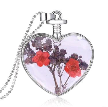 Heart-Shaped Crystal Herbarium Flower Locket Necklace