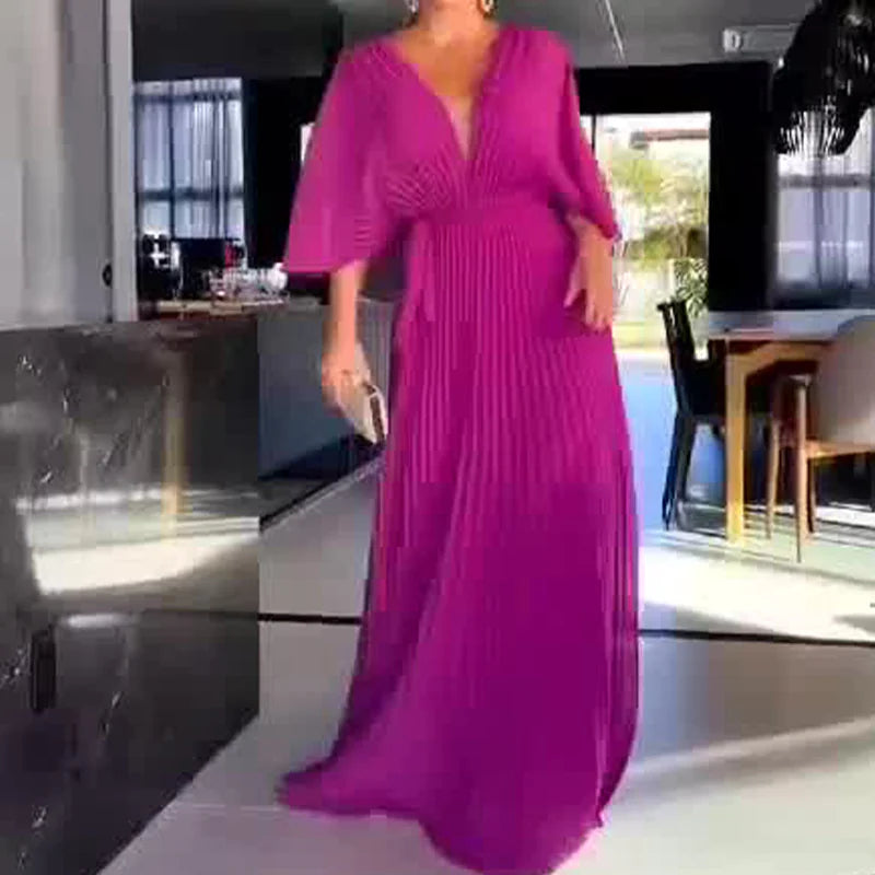 Women's V-Neck Bat Sleeve High Waist Dress