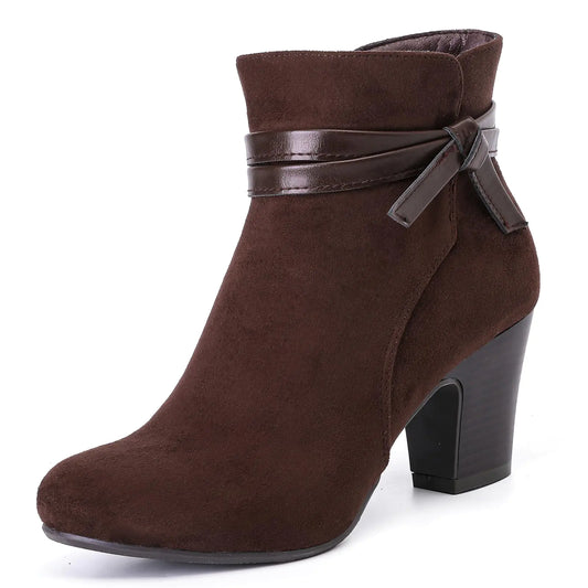 Ruiee Womens Ankle Boots Casual Fashion Ladies Booties Comfortable Low Mid Chunky Heel Round Closed Toe for Winter Fall Women. 240301 Brown MF Size6.5